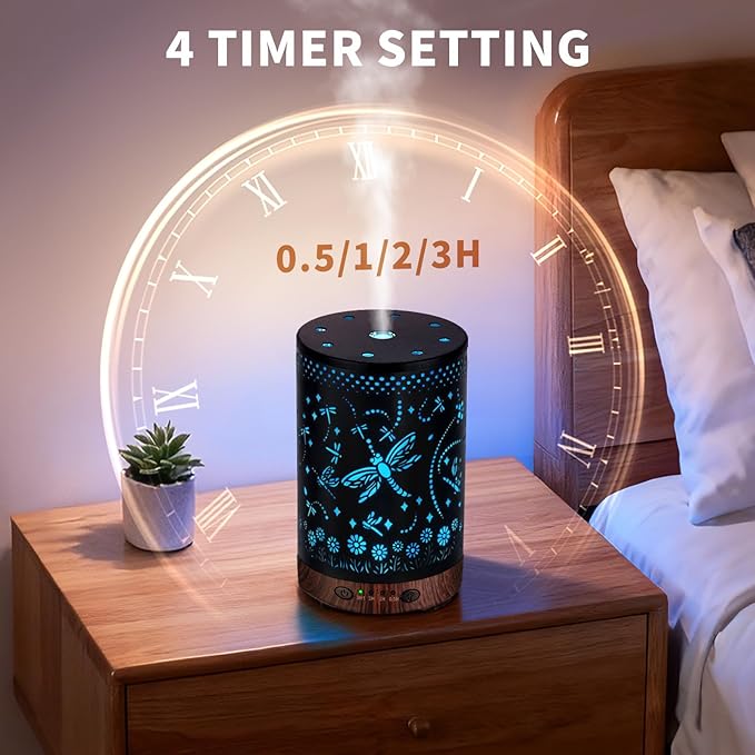 Essential Oil Diffuser 120ML Metal Aromatherapy Diffuser with Timer, Cool Mist Humidifier with Auto Shut-Off & 7 Color Lights for Home Office Spa (Dragonfly) - Bloomnest
