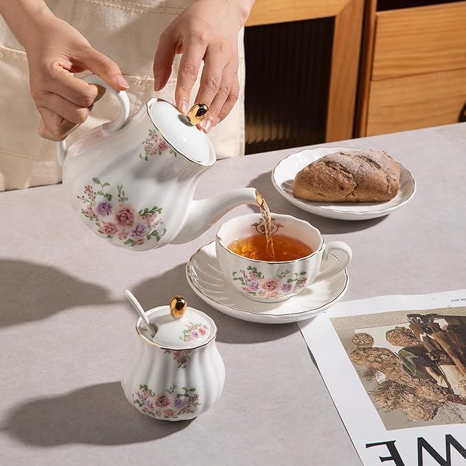 Sweejar Royal Teapot, Ceramic Tea Pot with Removable Stainless Steel Infuser, Blooming & Loose Leaf Teapot (Rose Flower, 40 Ounce) - Bloomnest