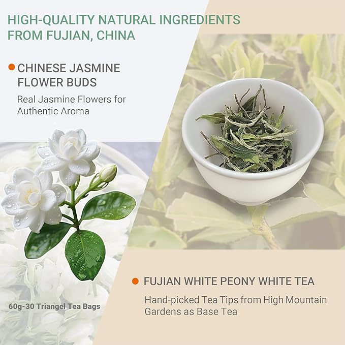 ADMIRINGAZELAND Jasmine White Tea Bags, Fujian White Peony Tea & Jasmine Flowers Blend,Chinese Tea Gift Set, 30CT (2.1OZ) - Bloomnest