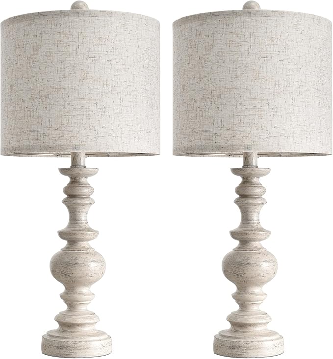 BOBOMOMO 24" Farmhouse Resin Table Lamp Set of 2, Vintage Lamps for Living Room Bedroom with Linen Shades, Traditional Rustic Bedside Lamps Retro Table Lamps for Living Room, Bedroom, Office - Bloomnest