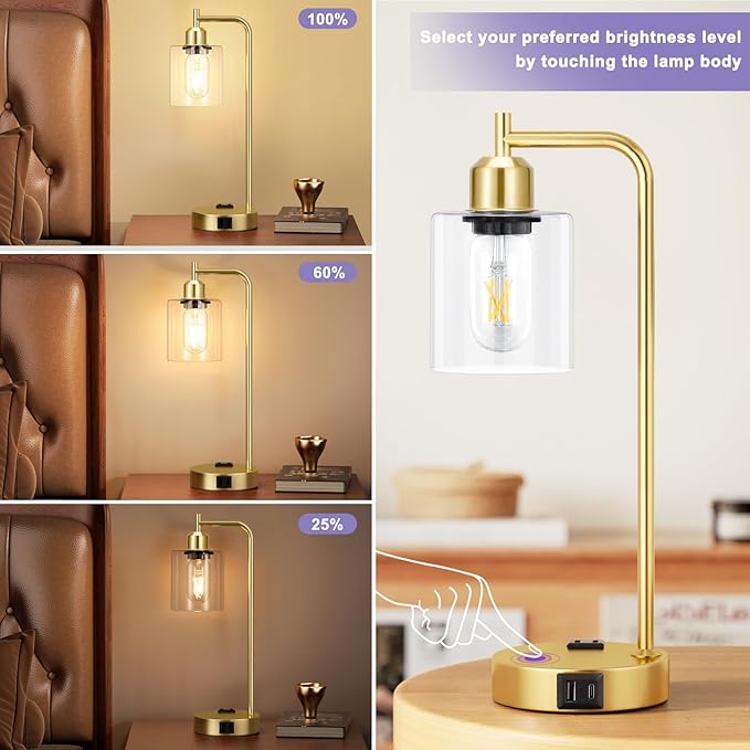 Innqoo Industrial Gold Table Lamp for Bedrooms Set of 2-3-Way Dimmable Desk Lamp with USB C+A Ports and Outlet, Gold Lamps with Clear Glass Shade for Living Room, Desk Lamps for Home Office - Bloomnest