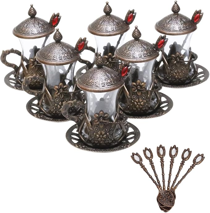 Alisveristime Handmade Turkish Tea Glass Set - Traditional Turkish Motifs, Set of 6 with Lids and Bonus Tea Spoons (Copper)