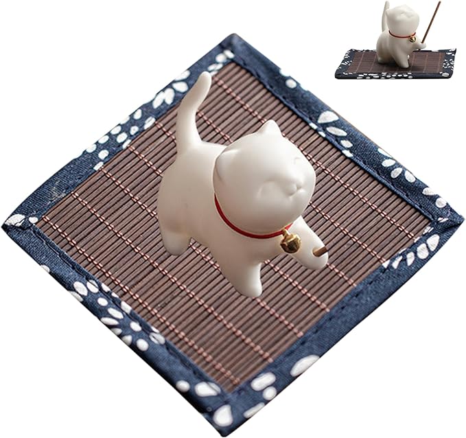 Cat Incense Holder, 2.4inch Ceramic Lucky Cat Incense Stick Holder with Bamboo Mat, Cute Cat Incense Burner, esk Ornament for Home Decorations - Bloomnest