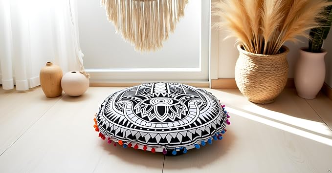CRAFT KALA 32" Large Round Bohemian Floor Pillow Pouf Cover Mandala Meditation Room Pillow Cover for Adults Boho Seating Poufs Cushion Cover for Kids Playroom Black Hamsa Hand - Bloomnest