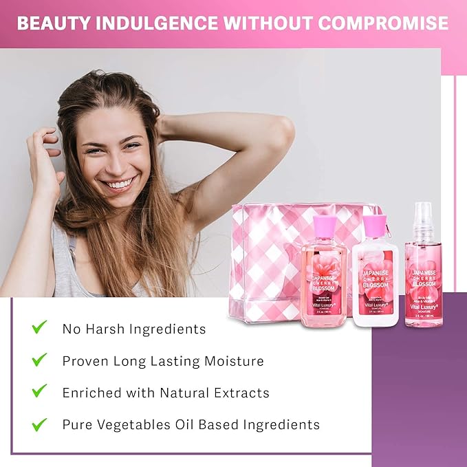 Bath & Body Care Travel Set - Home Spa Set with Body Lotion, Shower Gel and Fragrance Mist, Personal Body Care Travel Set for Birthday Christmas New Year Gifts(Japanese Cherry Blossom) - Bloomnest