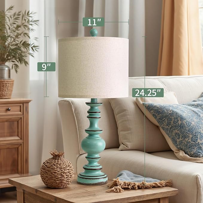 BOBOMOMO 24" Farmhouse Table Lamps Set of 2 – Distressed Teal Lamps with Linen Shades, Cottage Style Bedside Lamps for Bedroom, Living Room, or Entryway, Medium Height Lamps with Coastal Vintage Charm - Bloomnest