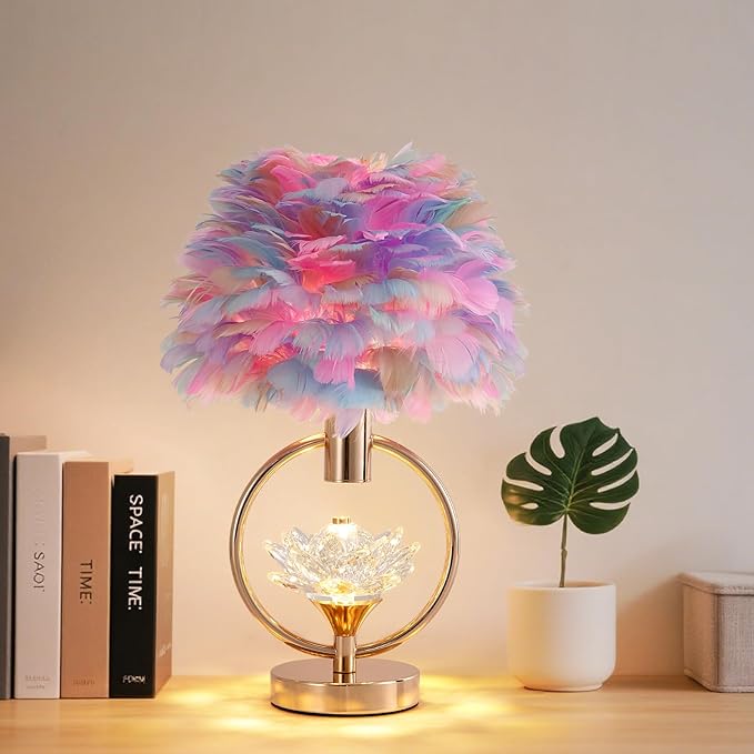Colorful Feather Lamp Unique Feather Bedside Nightstand Light Goose Furry Desk Lamp Romantic Atmosphere Table Lamp for Girl Bedroom Wedding Decor Living Room Hotel 17IN - Bloomnest