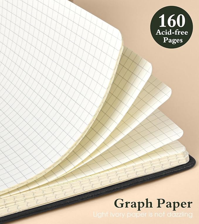 PAIBAS Graph Notebook for Women Men, 160 Pages Grid Paper, Graphing Notebooks for School, Work, Quad Ruled, Inner Pocket, A5 Hardcover Vintage Leather Journals for Writing, 5.8"x8.5" (Black) - Bloomnest
