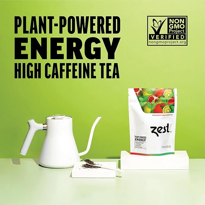 Zest Energy Green Tea - Pomegranate Mojito Loose Leaf Blend - High Caffeine Peppermint - Caffeinated Coffee Substitute - Natural, Non-GMO & Keto Friendly - Hot or Iced - 50 Servings - 135mg Caf - Bloomnest