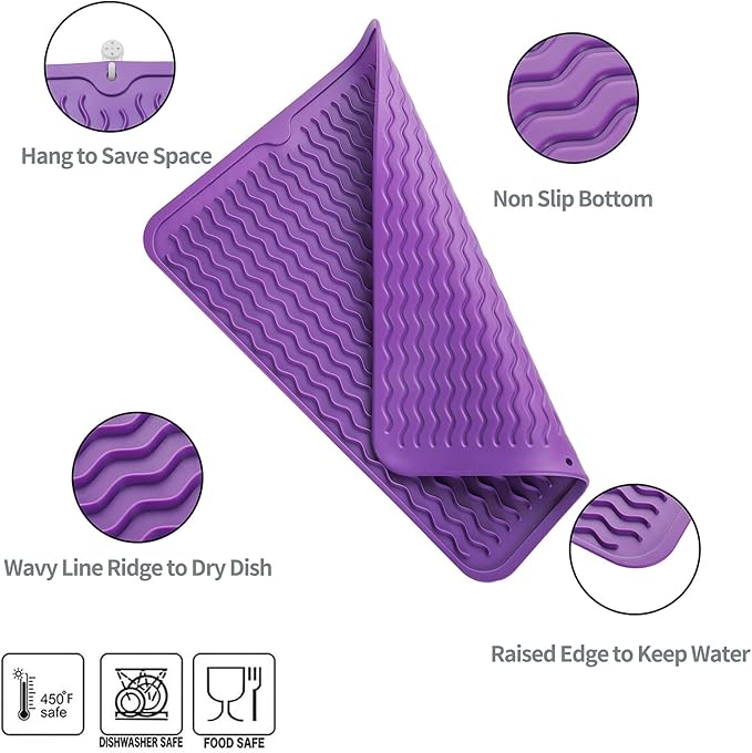Silicone Dish Drying Mat for Multiple Usage,Easy clean,Eco-friendly,Heat-resistant Silicone Mat for Kitchen Counter or Sink,Refrigerator or drawer liner Purple L 16 inches x 12 inches - Bloomnest