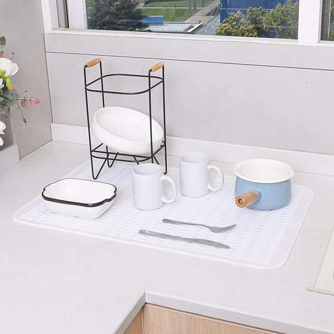 Silicone Dish Drying Mat for Multiple Usage,Easy clean,Eco-friendly,Heat-resistant Silicone Mat for Kitchen Counter or Sink,Refrigerator or Drawer Liner White 3XL 28 inches x 18 inches - Bloomnest