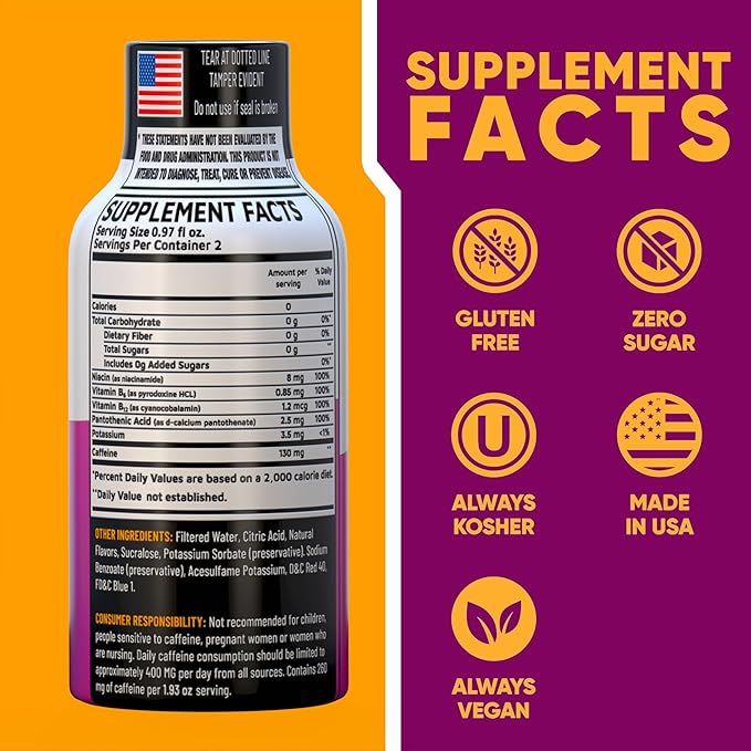 Grape Extra Strength Energy Shot 48 pk – 260mg Natural Caffeine B12 B6 – Energy & Focus Support – 2 Servings Sugar Free Zero Calorie Green Tea B-Vitamins Electrolytes Vegan – 1.93 fl oz - Bloomnest