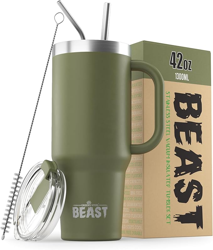 Beast 42 oz Tumbler Stainless Steel Vacuum Insulated Coffee Ice Cup Double Wall Travel Flask (Army Green) - Bloomnest