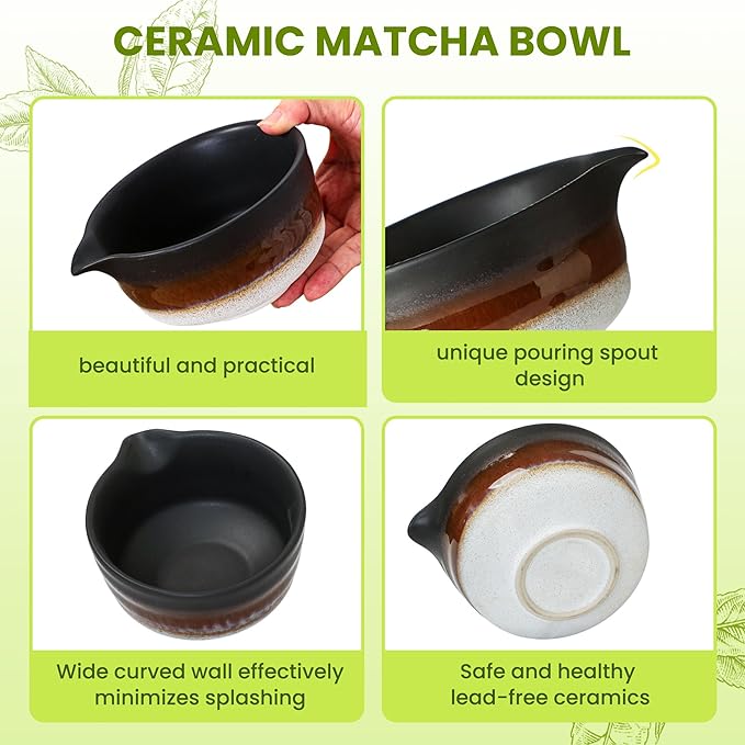 Matcha Whisk Set, Ceramic Matcha Set Desert Series, Matcha Bowl, Matcha Whisk and Holder, Bamboo Scoop, Scoop Rest, Sifter and Tea Towel 7 Pcs Matcha Kit for Birthday Christmas Gift (Matte Black) - Bloomnest