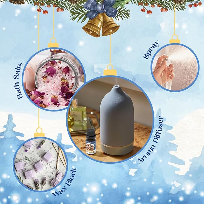 Winter Essential Oils Set, Fragrance Oil Gift Set for Oil Diffusers, Scented Oils for Soap 6x10ml - Forest Pine, Spiced Apple Cider, Cinnamon, Mint Hot Chocolate, Gingerbread, and Cranberry - Bloomnest