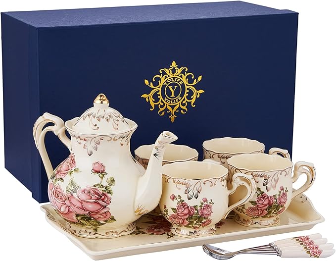 YOLIFE Porcelain Tea Set Vintage Rose, Tea Cups with Teapot, Serving Tray and Teaspoon Service for 4, Suitable for Tea Party Gifts - Bloomnest