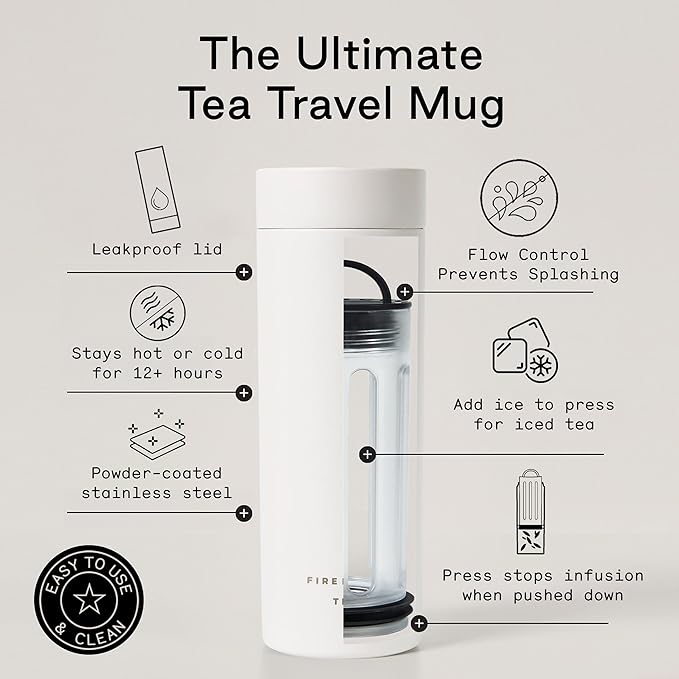 Firebelly Tea, Travel Tea Infuser Mug with Strainer, Insulated Tumbler for Loose Leaf Tea or Coffee, Leakproof Bottle for Hot or Iced Drinks, Stainless Steel Thermos with Lid, Blanc - Bloomnest