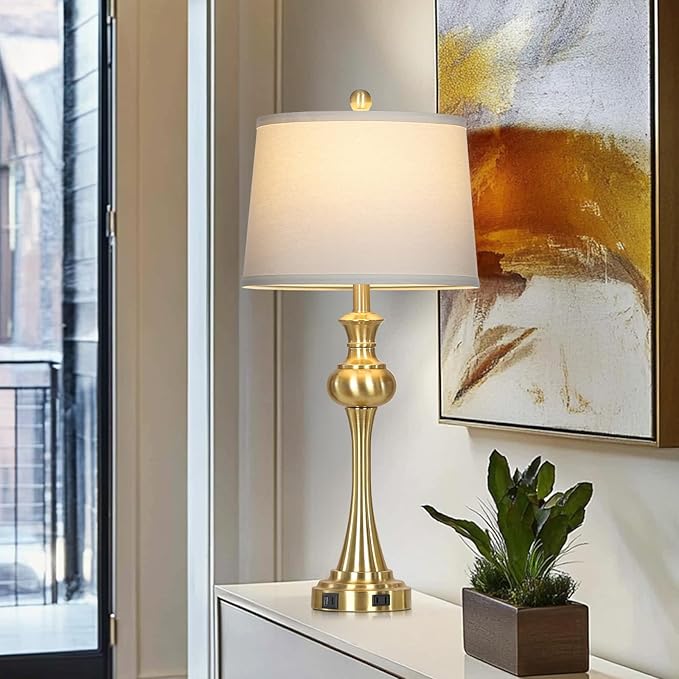 28.75'' Gold Table Lamps for Living Room, 3 Way Touch Control Bedside Lamps with USB A+C Ports & AC Outlets, Modern Metal Nightstand Lamps for Bedroom Living Room Office End Table（Bulb Included） - Bloomnest