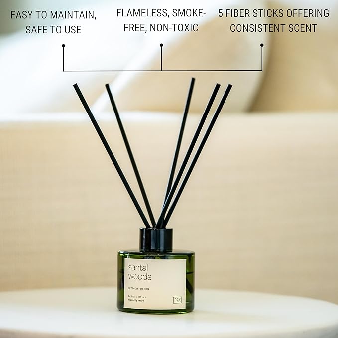 Craft & Kin Santal Woods Christmas Reed Diffuser | All Natural Essential Oil & Rattan Scent Sticks | Holiday Reed Diffusers for Home, Bathroom | Long Lasting Home Fragrance in Green Glass, 3.4oz CraftKin