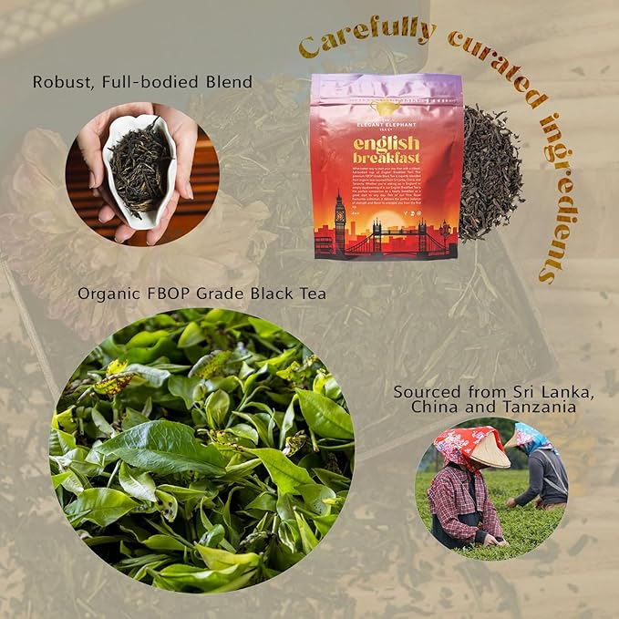 English Breakfast Tea, Organic Loose Leaf Black Tea – Robust, Full-Bodied, Classic Blend – Drink Hot or Iced – 4 oz Resealable Bag (Makes 50 Cups) – The Elegant Elephant - Bloomnest