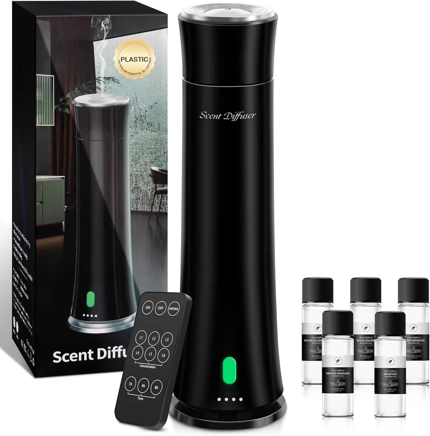 Hotel Scent Diffuser Starter Kit - 1500 Sq Ft Coverage, Premium Plastic Essential Oil Diffuser, Waterless Diffuser for Home, Hotel, Office, 5 Scent Essential Oils Included, Large Room, Black, 11In