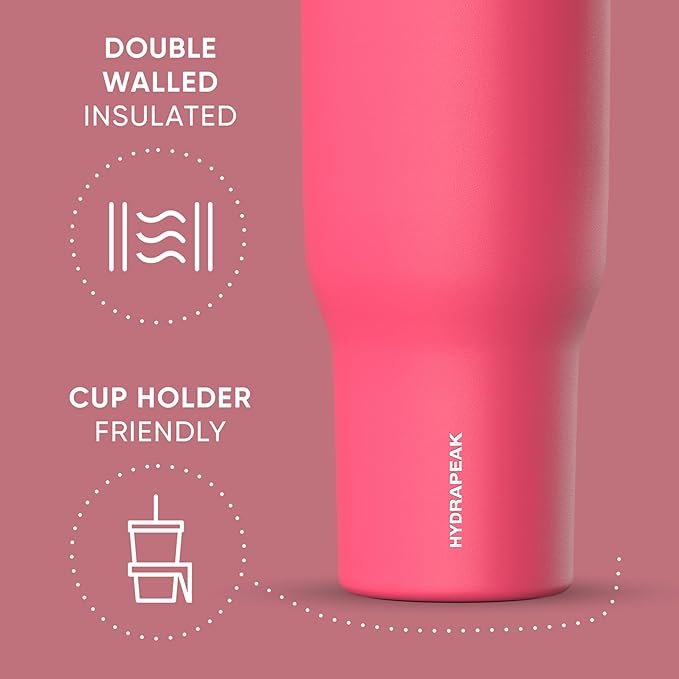 Hydrapeak Voyager 40 Oz Stainless Steel Tumbler with Handle, Insulated Water Bottle With Straw & Lid, Cupholder Friendly Reusable Travel Mug (Hot Pink) - Bloomnest