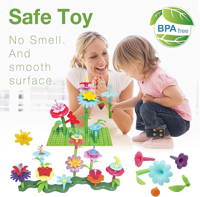 3-6 Years Old Toddler Toys - Flower Garden Building Toy with Insect Pegs, Educational Activity Gifts for Girls Preschool-Kindergarten, 153Pcs STEM Stacking Pretend Play Set - Bloomnest