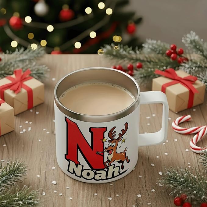 Personalized Christmas Mug with Name Initial - Funny Goofy Reindeer 12oz Insulated Stainless Steel Coffee Cup Tumbler with Handle & Lid - Silly Holiday Xmas Gifts for Kids, Boys, Men, Family (B154) - Bloomnest