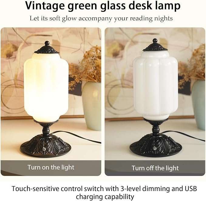 Vintage Milk Glass Touch Table Lamp, Elegant white Glass Bedside Desk Lamp 3 Way Dimmable with USB C+A Charging Ports - Bedroom Nightstand & Living Room Essential, 4W Bulb Included (white, 6.5) - Bloomnest