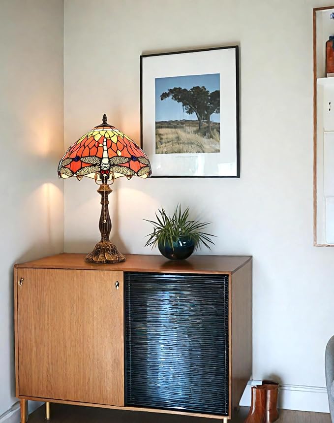 Tiffany Table Lamp, 12-inch Stained Glass Lamp for Living Room, Dining Room, Bedroom, Study Room, Office (Orange Dragonfly) - Bloomnest