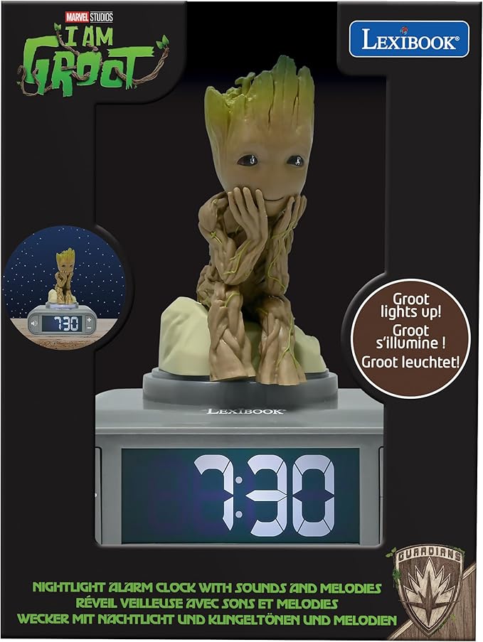 LEXiBOOK, Marvel Guardians of The Galaxy, Groot Nightlight Alarm Clock, Sounds and Melodies, Backlit LCD Screen, Illuminated, Snooze, Grey/Brown, RL800GG - Bloomnest