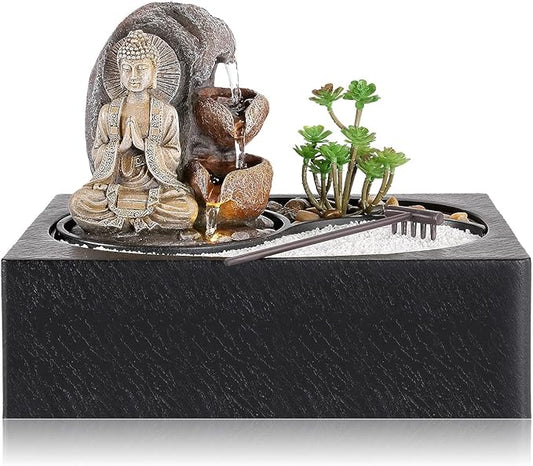 WICHEMI Waterfall Fountains Indoor Water Fountain Tabletop Fountain Zen Garden Buddha Fountain with LED Warm Light for Office Home and Bedroom Desktop Decor