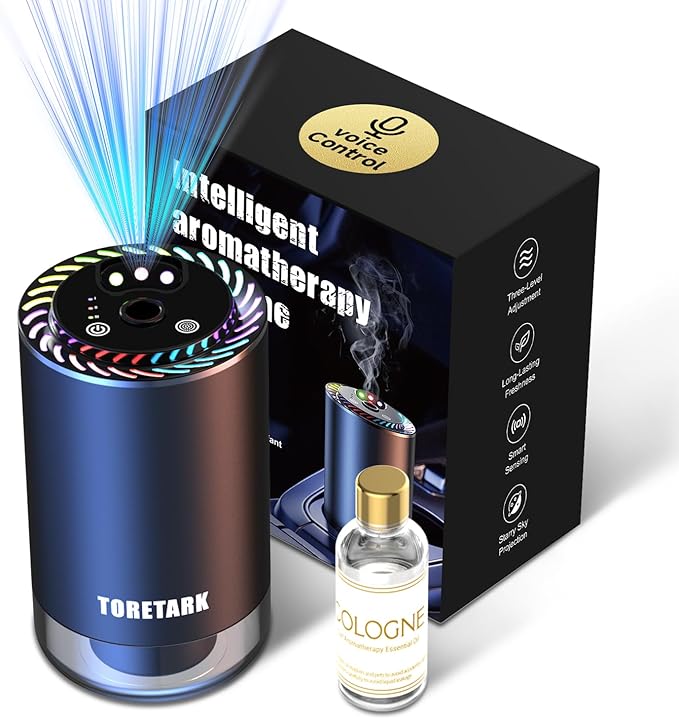 Smart Car Air Freshener Diffuser Voice Control with Starry Projection Light, 3 Adjustable Modes Intelligent Aromatherapy for Essential Oil, Smart Auto On/Off, Voice Edition (Cologne) Toretark