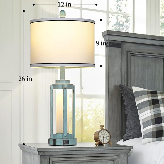 Table Lamp for Living Room, Vintage Rustic Industrial Farmhouse Lamps with USB A+C Charging Ports & AC Outlet, Beside Nightstand Metal Lamp with LED Night Light & Fabric Shade for Bedrooms - Bloomnest