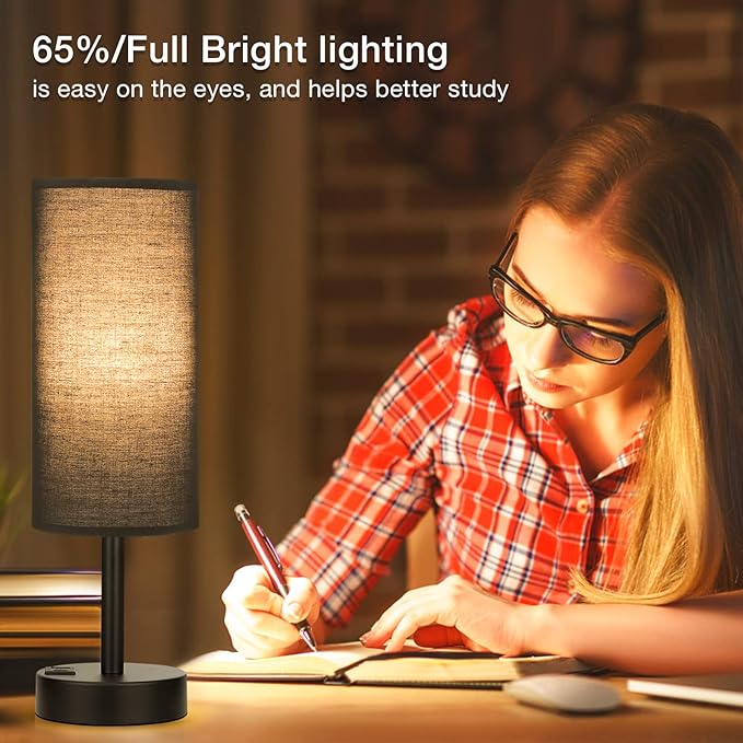 Black Touch Nightstand Lamps for Girl - Small Bedside Lamp with USB-C and USB Charging Ports, 3 Way Dimmable Control Table Lamp for Living Room Office, Dorm, Reading with Fabric Shade Black Base - Bloomnest