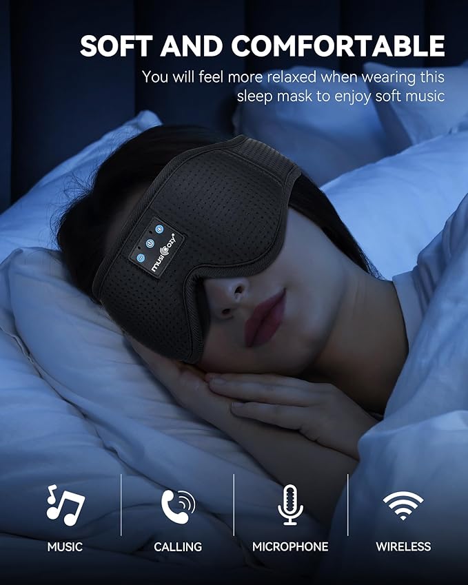 MUSICOZY 3D Bluetooth Sleep Mask with Headphones, Wireless Music Sleep Headband Eye Mask for Side Sleepers, Ideal for Sleeping, Travel, Meditation, Cool Gadgets Unique Gifts - Bloomnest