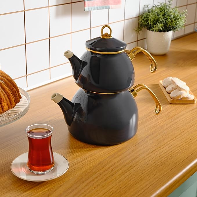 Karaca Retro Teapot Set Anthracite, Enamel, Teapot/Lid (1.1 lt, 2.4 lb), Tea Kettle (2.3 lt, 5 lb), Titanium Coated Handles, Suitable for Induction - Bloomnest
