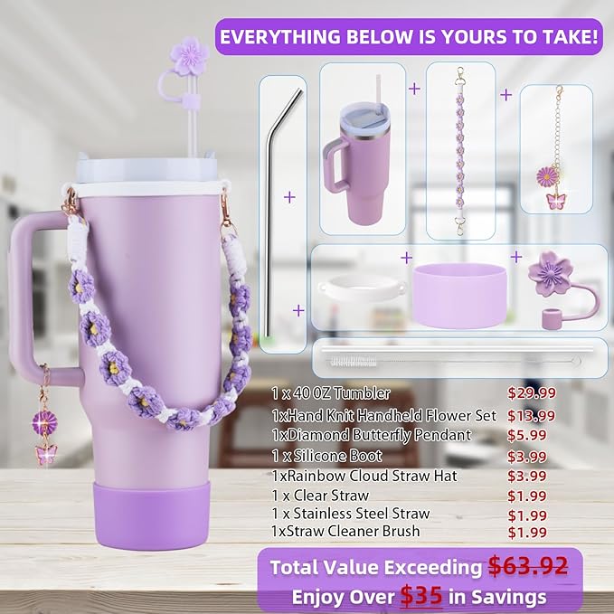 40 oz Tumbler Insulated Mug w/Straw & Flip Cap Lids - Cup Holder Bottle with 6 Accessories Set for Hot, Cold Drink - Leak-Proof - Water, Coffee Portable Travel Mug (Lupine Purple) - Bloomnest