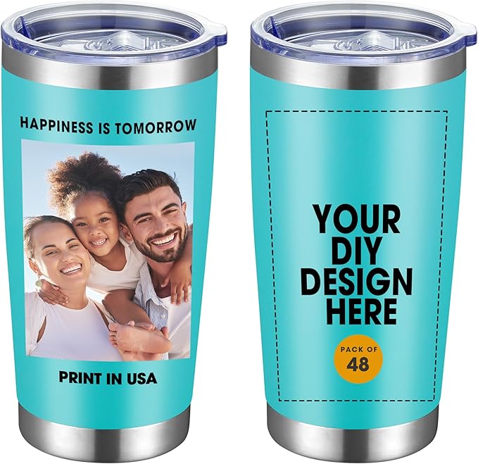 Personalized Custom Tumbler Print in USA 48 Pcs 20oz Stainless Steel Coffee Cup with Lid & Straw Double Wall Insulated Tumbler with Colorful Text Logo Photo - Bloomnest