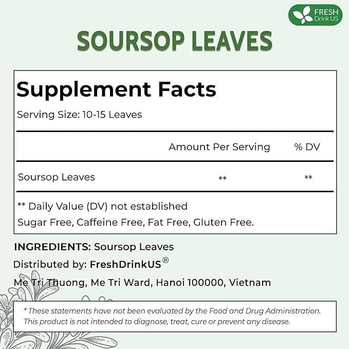 FreshDrinkUS, Premium 275+ Soursop Graviola Whole Dried Leaves Tea, 275-300 Soursop Graviola Guanabana Whole Leaves, Wildcrafted, Hoja Guanabana Loose Leaf Herbal Tea, No Gluten, Vegan - Bloomnest