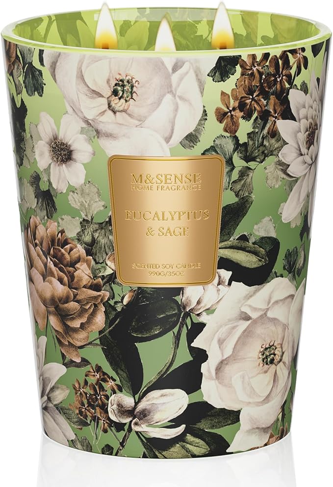 M&SENSE Eucalyptus Sage Scented Candle, 35oz 150H Long Lasting, 3-Wick Natural Soy Candles Aromatherapy Relaxing Sleep, Fall Winter Christmas Thanksgiving Home Fragrance Housewarming Gifts - Bloomnest