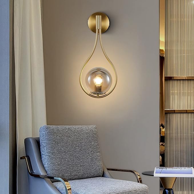 KCO Lighting Modern Vintage Gold Teardrop Wall Sconce Farmhouse Globe Wall Light Fixture Cordless Sconces Wall Lighting for Stairwell Bathroom Bedroom (Gold + Smoke Grey) - Bloomnest