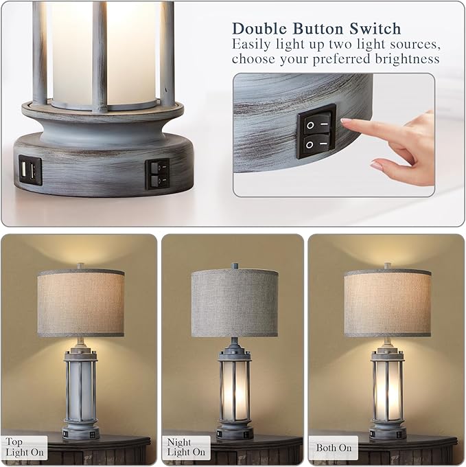 Rustic Table Lamp for Bedroom Living Room with 2 USB Ports, Farmhouse Vintage Nightstand Lamp 25'' with Light Green Glass Nightlight, Antique Retro Desk Lamp for Entryway, 2 Bulbs Included - Bloomnest