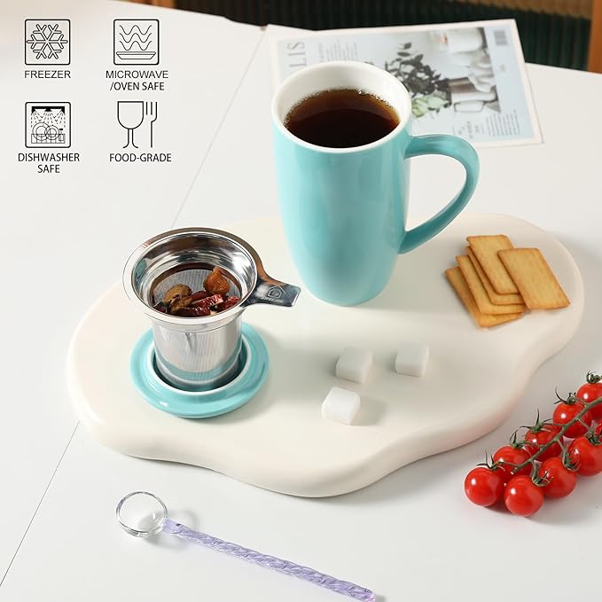 Sweejar Porcelain Tea Infuser Mug with Lid, 20 oz Teacup with Strainers for Loose Leaf Tea, Microwave and Dishwasher Safe Coffee Mug(Turquoise) - Bloomnest
