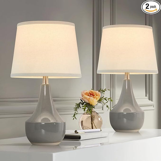 GyroVu Table Lamp Set of 2, 18.63” Ceramic Table Lamp Classic Beside Lamps Nightstand Lamp Modern Lamp for Living Room, Bedroom & Office Rocker Swtich Grey-LED Bulbs Included - Bloomnest