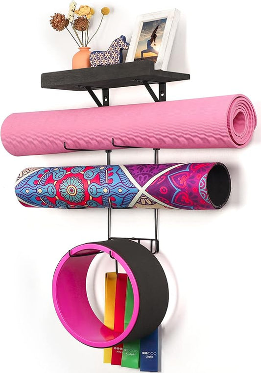 Bikoney Yoga Mat Holder Wall Mount Yoga Mat Storage Home Gym Accessories with Wood Floating Shelves and 4 Hooks for Hanging Foam Roller and Resistance Bands at Fitness Class or Home Gym Vintage Black