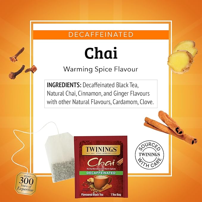Twinings Decaffeinated Chai Individually Wrapped Bags, 20 Count (Pack of 6), Sweet, Savoury Spices, Enjoy Hot or Iced, 120 Teabags - Bloomnest