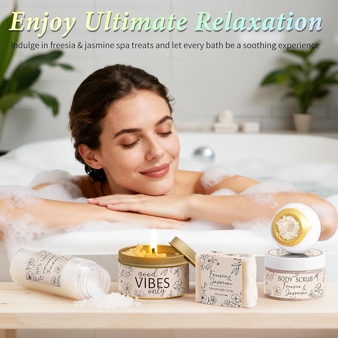 Spa Gifts for Women Bath Gift Set, Freesia & Jasmine Relaxing Spa Gift Basket Home Bath Set Self Care Kit Care Package Thank You Birthday Valentines Day Gifts for Her Women Mom Friend Teen Girl Wife
