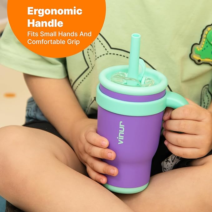 VINUR Kids Tumbler with with Lid and Straw -14 oz Stainless Steel Vacuum Insulated Tumbler Travel Mug with Handle & Silicone Base-Gifts for Girls, Purple - Bloomnest