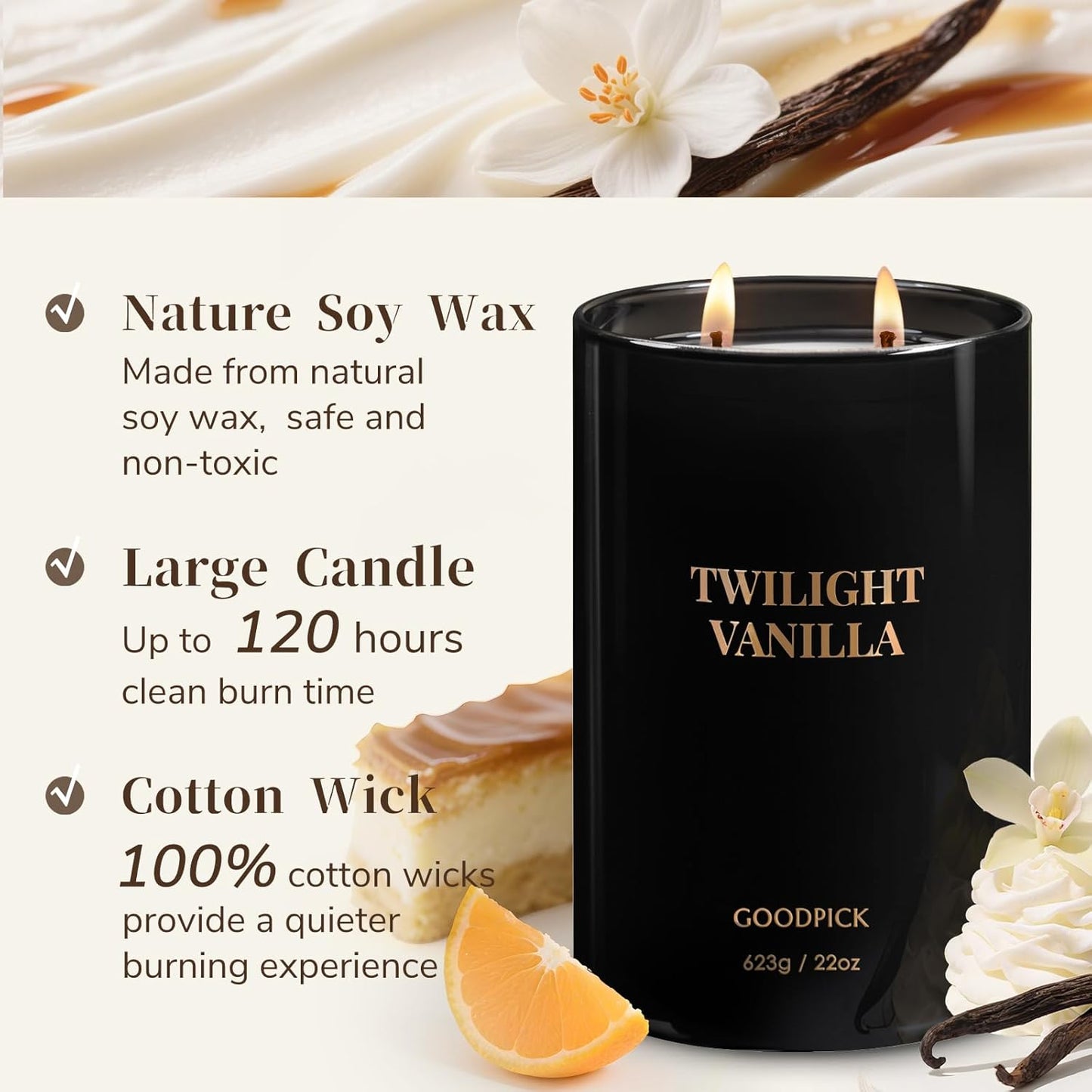 Goodpick Twilight Vanilla Scented Candles, Citrus & Floral Candles for Home, 22oz Soy Wax, 120hrs Creamy Vanilla, Bedroom Gift